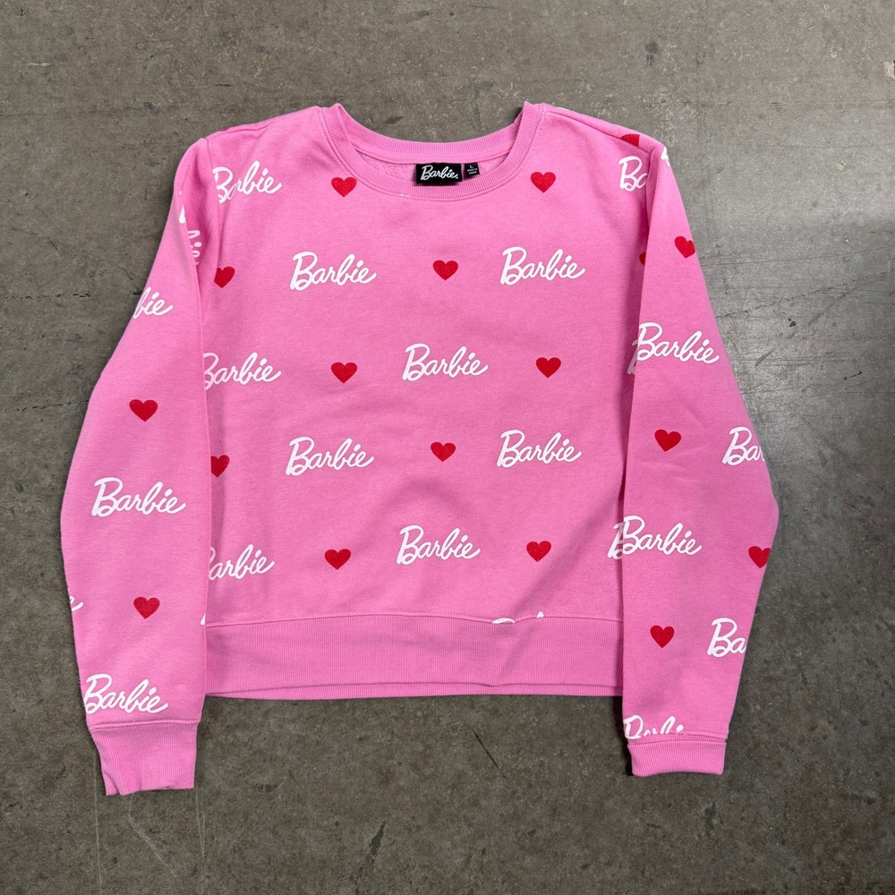 Barbie Pink Heart Logo Crewneck Sweatshirt Womens Large Fleece Pullover All Over